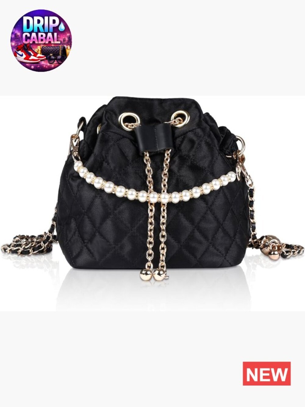 Quilted Nylon Drawstring Bucket Evening Clutch with Chain Shoulder Strap